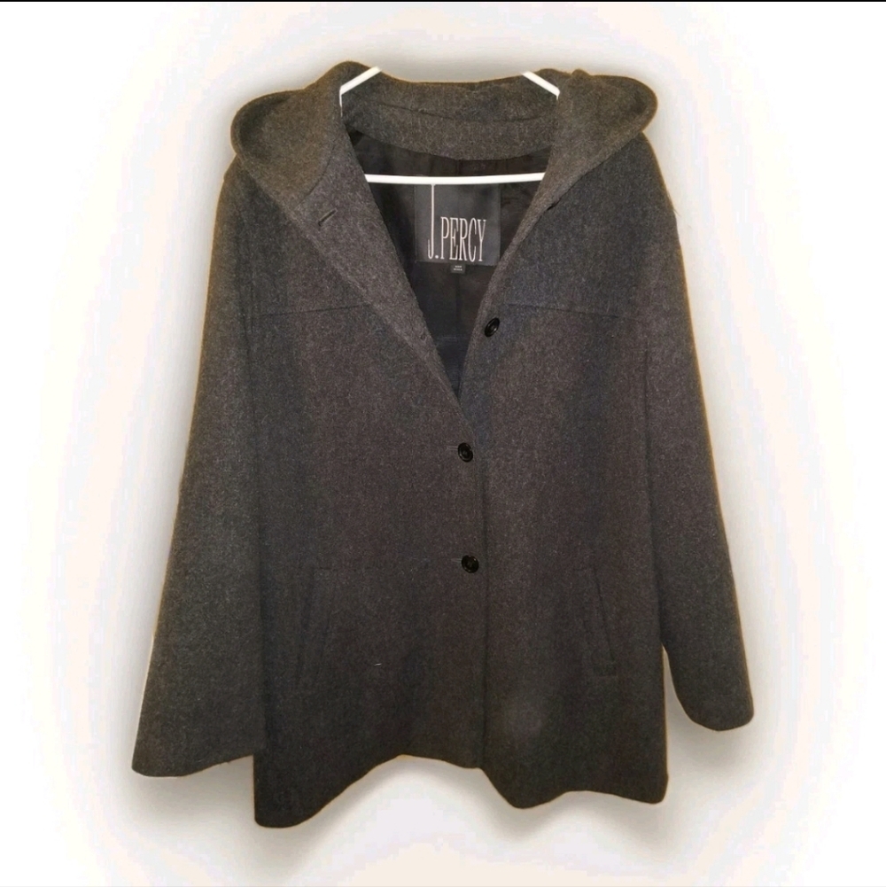 Vintage J. Percy Hooded Pea Coat 100% Merino Wool Made in USA Charcoal Gray XL